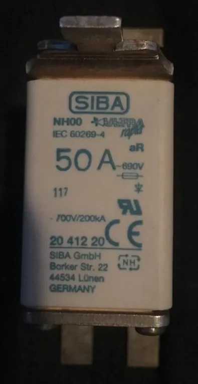 

Fuses: NH00 50A 690V/700V 200KA 2041220 aR / NH00 40A 690V 2041220 / NH00 160A 690V/700V 200KA 2041220 aR