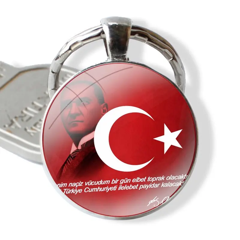 Turkey Mustafa KemalAtaturk Keychain Handmade Glass Cabochon Key Ring Holder Pendant Key Chains