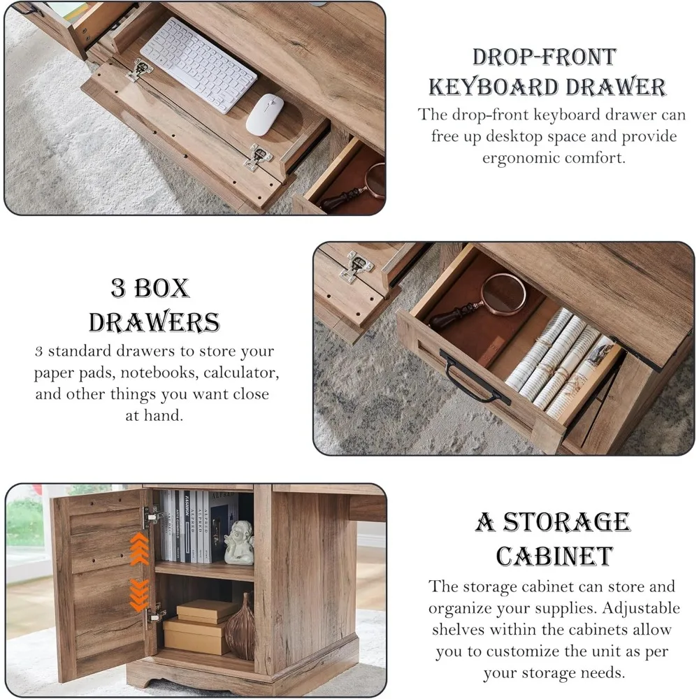 Farmhouse Executive Desk with Drawers, Wood Home Office Desk w/Charging Station, Keyboard Tray, File Drawer, Storage Cabinet