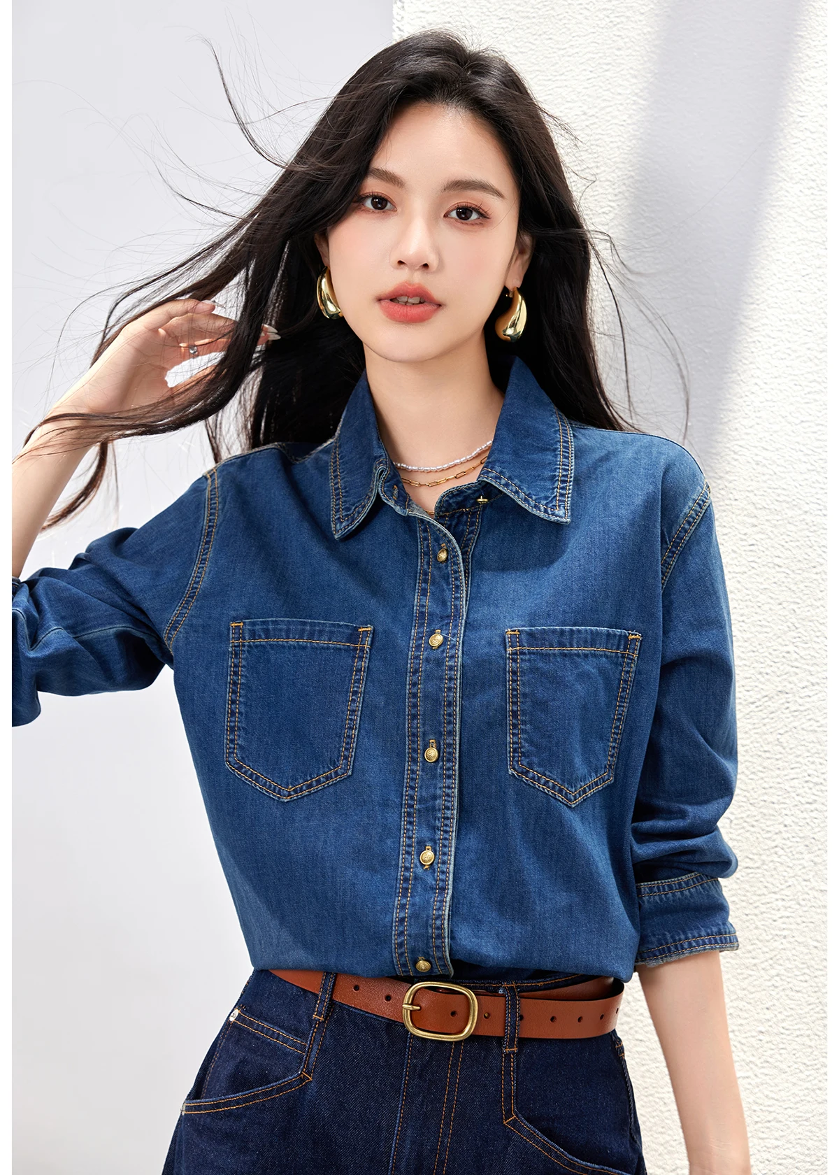 Autumn 2024 New Denim Shirts And Blouse For Women Korean Style Long Sleeve Top Blue Or Sky Blue Color Jeans Elegant Blouses