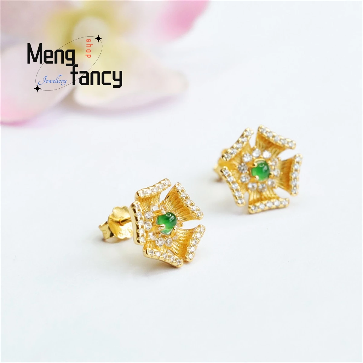 

Natural S925 Silver Inlaid Jadeite Ice Type Imperial Green Geometric Five Petal Flower Earring Charm Luxury Fashion Fine Jewelry