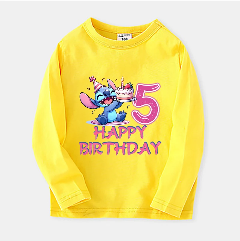 T-shirt à manches longues à col rond Disney pour filles, vêtements d'anniversaire, dessin animé mignon, point, numéro, tie aught, anime Kawaii, t-shirts en coton