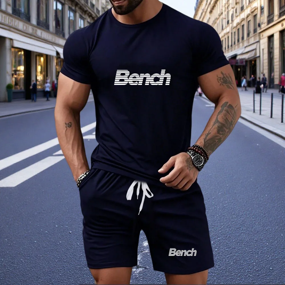 

New summer fitness sportswear for men, short-sleeved T-shirt and shorts two-piece set, breathable and quick-drying casual wear.