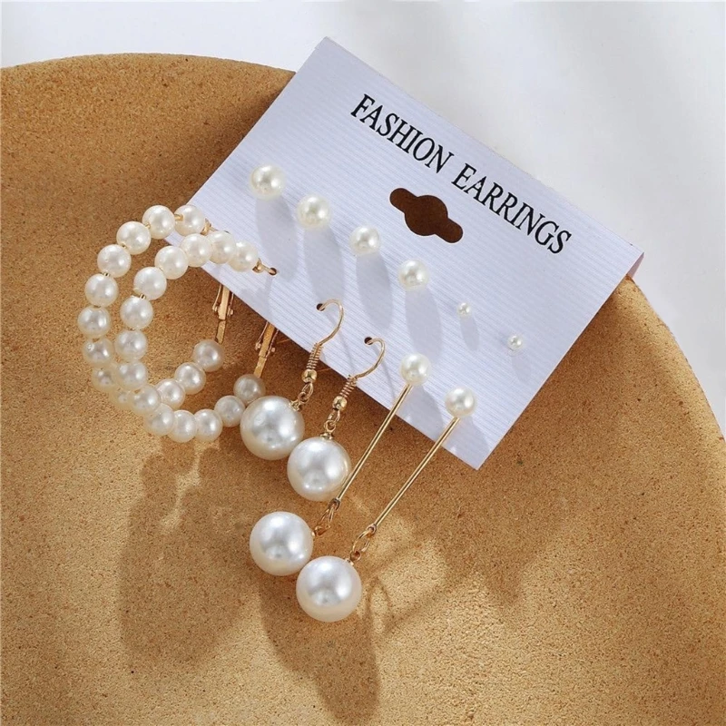 Gold Silver Color Pearl Hoop Earring Set for Women Girls Vintage Pearl Circle Bead Earring Trend Jewerly Accessories