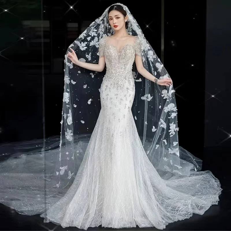 Boho Luxus Frauen Brautkleider Kleider formelle Kurzarm Meerjungfrau Wischen Prinzessin Brautkleider Vestidos de Novia Casamento