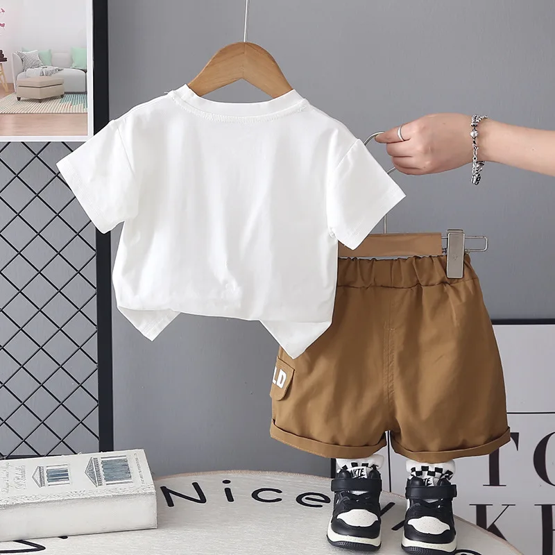 Toddler Summer Outfits 2026 New Baby Boy Clothes Casual Letter Pocket Short Sleeve T-shirts and Shorts Two Piece Set Kids Suit