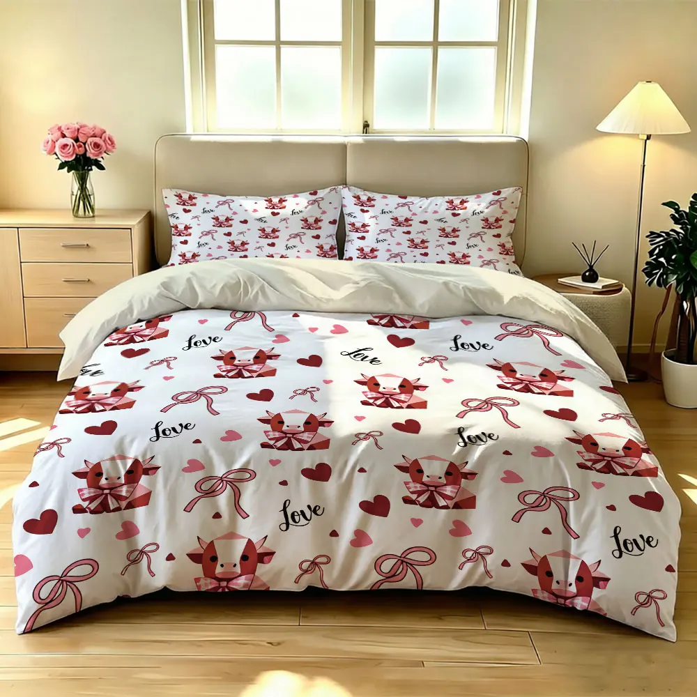 3Pcs Heart‑Shape Calf Love Print Bedding Set 1 Duvet Cover 2 Pillowcases Soft Comfortable Without Filler Machine Washable Bed