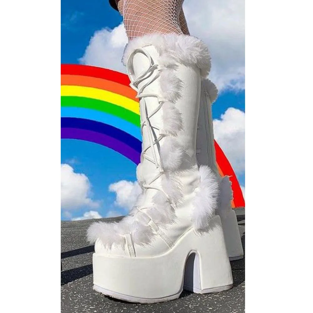 Big Size 46 Winter y2k Pink Knee High Boots Women White Chunky Platform Boots Gothic Black Faux Fur Block High Heels Boots Shoe