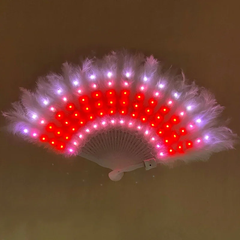 2023 New Product Led Feather Hand Fan Folding Light Up Feather Decorative Fabric Fans For Party