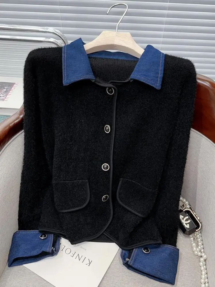 

Autumn Winter 2025 French Women Black White Patchwork Denim Imitation Mink Coat Vintage Single Breasted Long Sleeved Jacket Tops