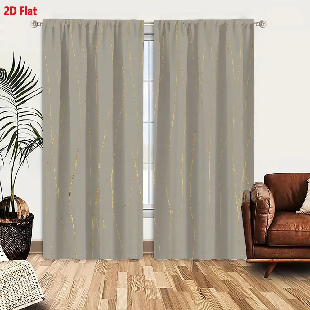 2Pcs Curtains Add 2D Flat Textured Muted Gray Background With Shimmering Gold Vertical Lines Elegant Brushstroke Pattern For Dec