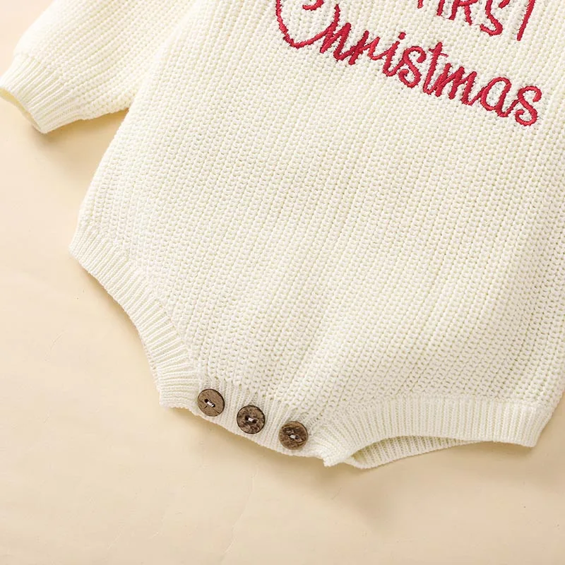 Baby Christmas Sweater Romper Letter Embroidery Long Sleeve Crew Neck Knit Bubble Jumpsuit