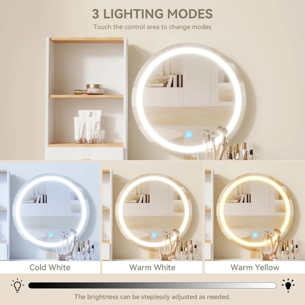 공간이 제한된 방을 위한 조명 조절 및 서랍이 있는 컴팩트한 화장대