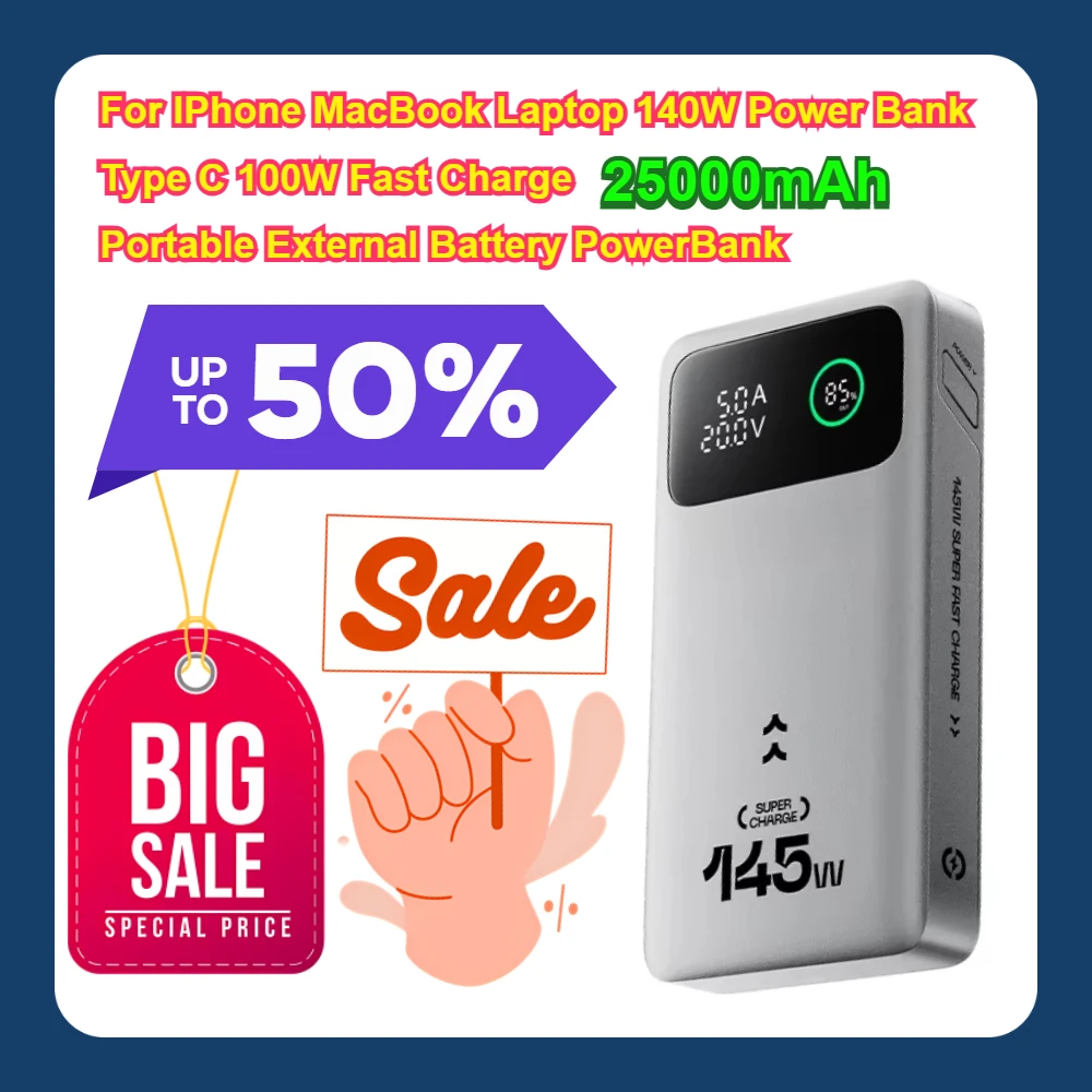

25000mAh For IPhone MacBook Laptop 140W Power Bank Type C 100W Fast Charge Portable External Battery PowerBank