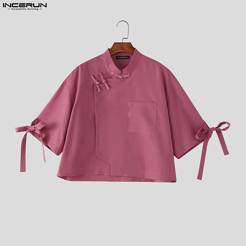 

INCERUN Men's Shirt Solid Color Half Sleeve Button Crop Tops For Man Streetwear 2026 Loose Fashion Casual Men Clothes Camisa