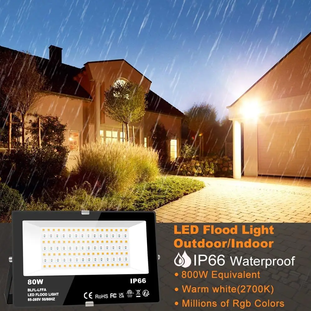 Smart RGB LED Flood Light 800W Equivalent 8000LM APP Control Outdoor Landscape Lighting IP66 Waterproof US Plug (2Pack)