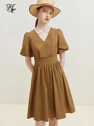 FSLE 【3 Colors】 Long Short Dress Women V-Neck Temperament Solid Office Lady Summer Dress Simple Commuter Belt Design Dresses