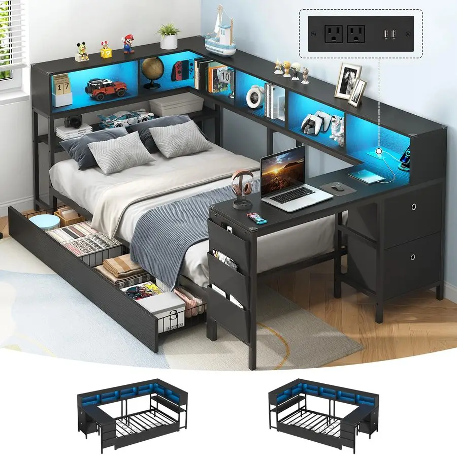 Cama Esquinera Doble con Escritorio y Librero, Sofá Cama con 2 Cajones y 2 Contenedores de Almacenamiento, Estructura de Cama de Plataforma Tamaño Individual con Cabecera