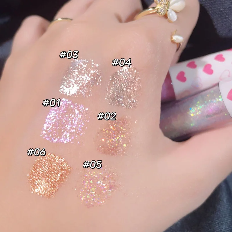 Flowernooze 6 Kolorów Brokatowy Płynny Cień do Powiek Wodoodporny Perłowy Błyszczący Cień do Powiek Diamentowy Rozświetlacz do Oczu Żelowy Rozświetlacz do Twarzy