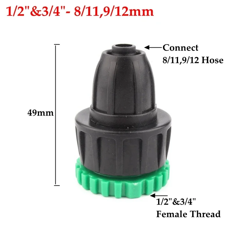 2 pcs 1/2 inch and 3/4 inch threaded PE irrigation fittings for garden hose splitting systems compatible with DIN standard tubin