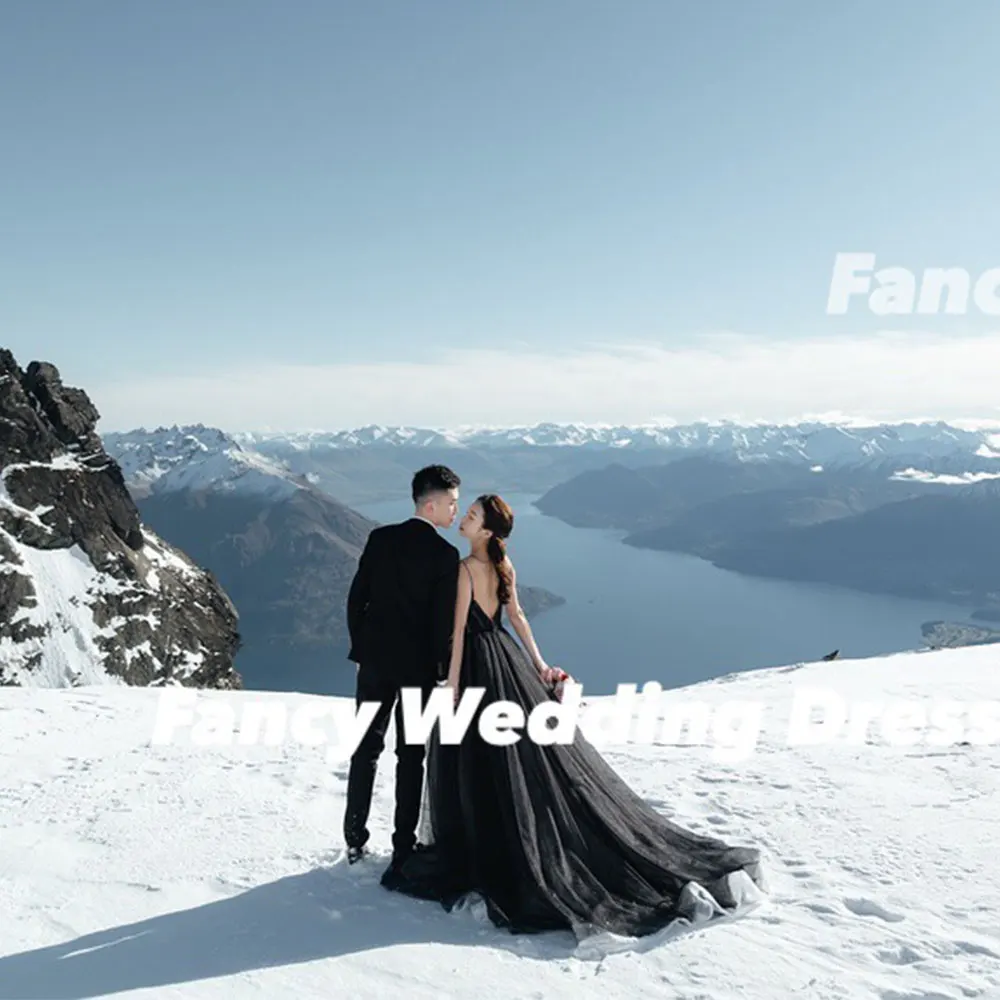 

Fancy Simple Black Korea A Line Wedding Party Engagement Dresses Photography Soft Tulle Back Corset Evening Dress Customized
