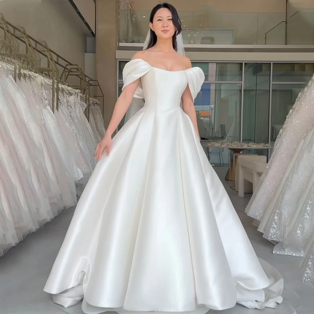 Off The Shoulder A-Line Women Wedding Dresses High Quality Shine Fabric Bride Robes Mopping Length Vestidos De Novias Customized