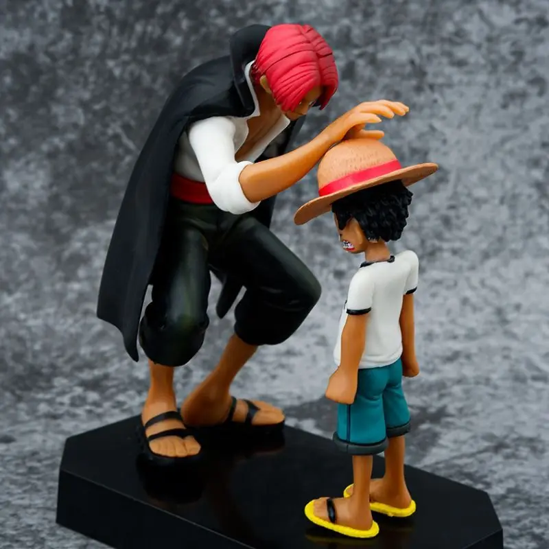 One Piece anime peripheral cartoon straw hat Luffy red-haired Shanks touching head figure scene version car model ornament gift