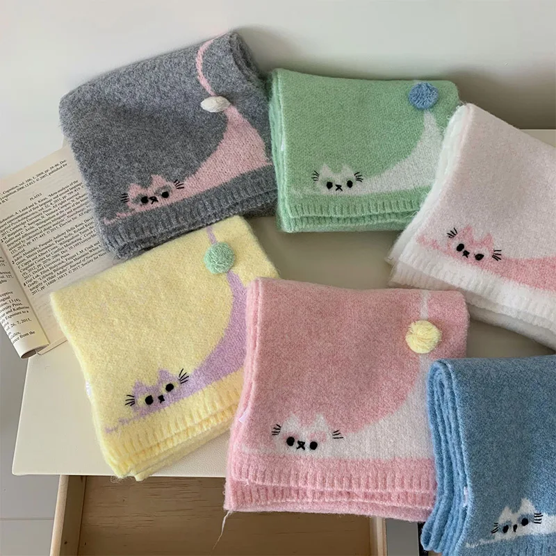 Korean Kitten Knit Pom-pom Scarf Stretching Kitten Sweet Girl Scarf Winter Warm Versatile Neck Warmer Women Scarf New Year Gifts