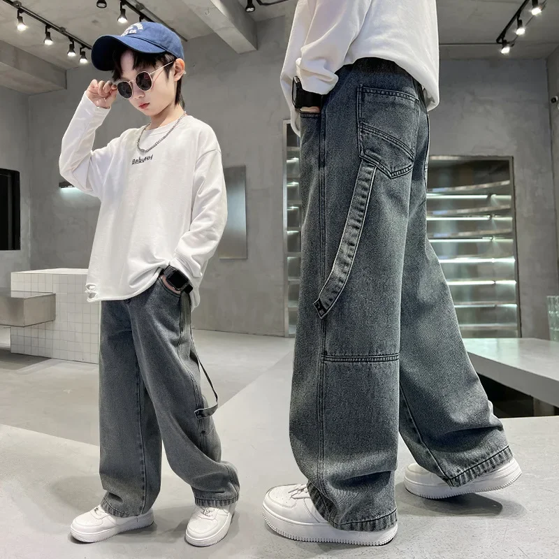 Teenage Boys Cargo Jeans Spring Autumn New Kids Wide Leg Denim Pants for Children Loose Pockets Trousers