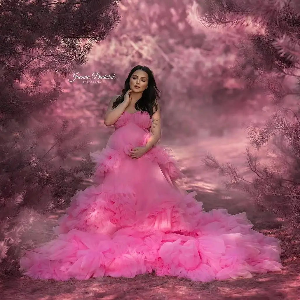 Pink Tulle Pregnant Women Maternity Robes Sweetheart Babyshower Gowns Puffy Ruffles Photography Dresses Customized