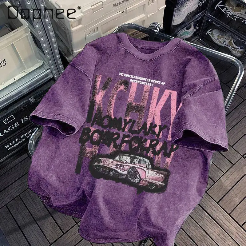 Summer Washed Burgundy Vintage Lowrider Car Multi-Layer Letter Print T-Shirt Men Streetwear Loose Casual Purple Short Sleeve Top