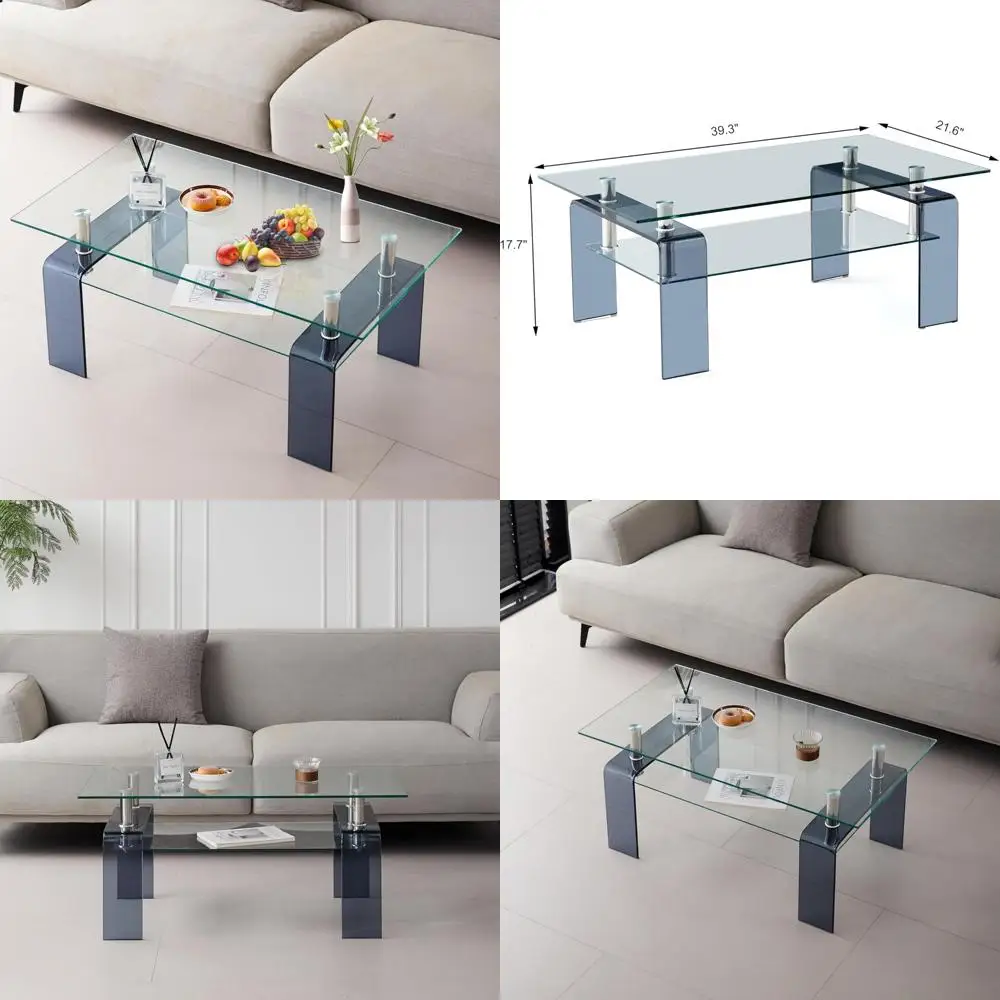 Rectangular Glass Coffee Table with Tempered Glass Top and MDF Layer for Living Room and Office Use
