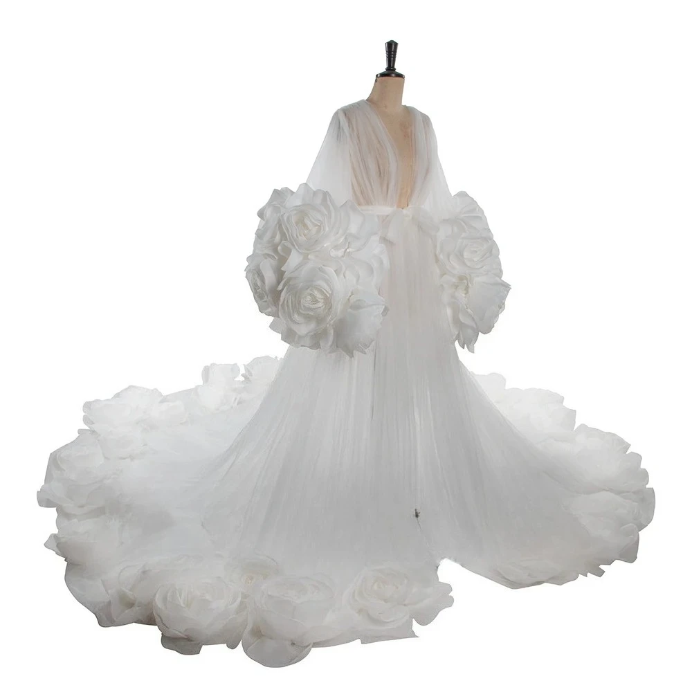 Luxury 3D Rose Sheer Wedding Dresses Bridal Robe Elegant Gowns Long Train Bespoke Occasion Dresses for Photoshoot