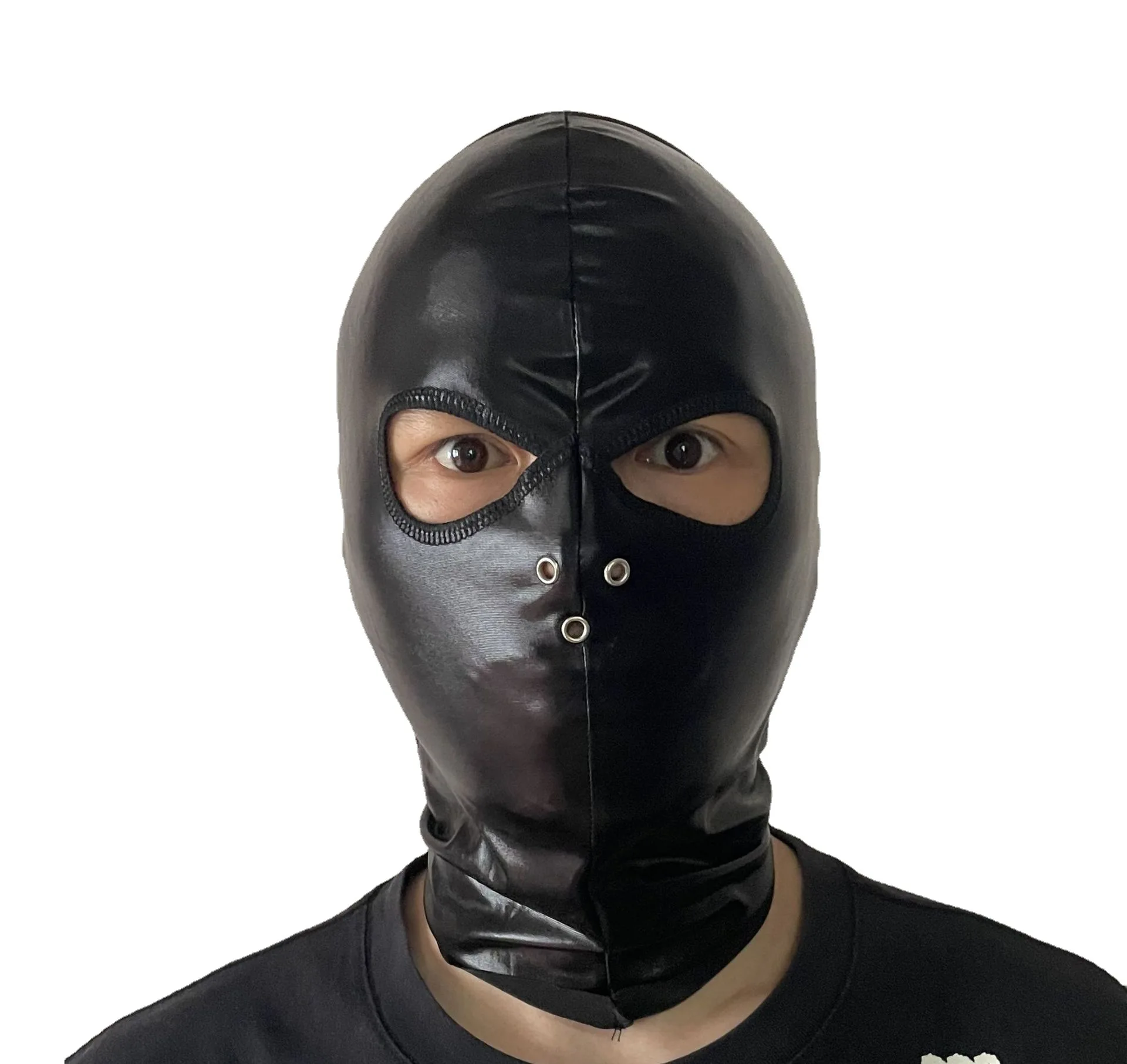 Black Leather Hood Mask Spandex Breathable Mens Latex Headpiece Halloween Coplay Mask for Costume Party Role Play Headgear