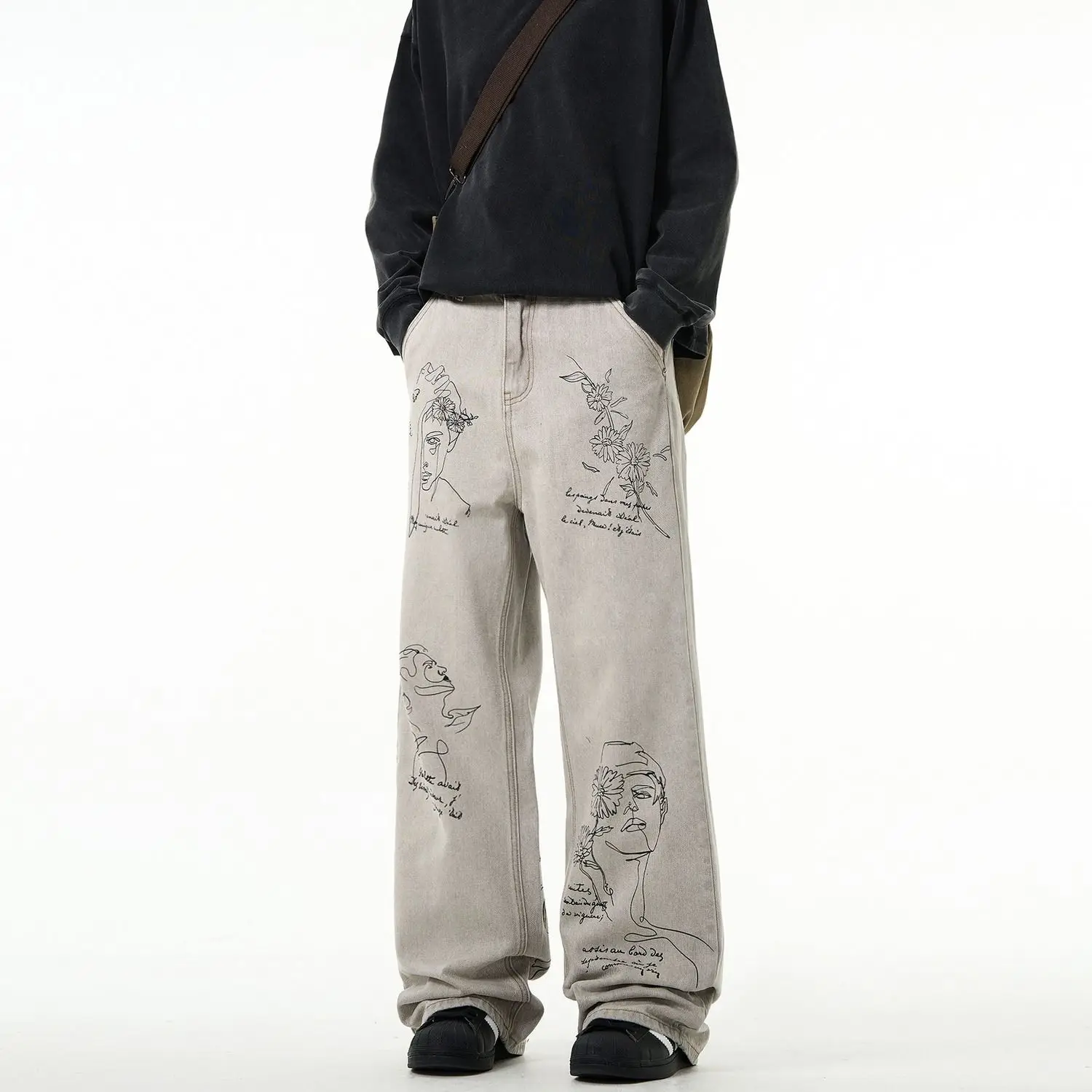 American retro street graffiti wide-leg pants jeans for men and women loose and versatile oversize vintage casual pants y2k ins