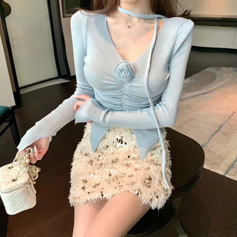 Matakawa Y2k Short Pullovers Autumn Winter Vintage Sexy Solid Women Sweaters Korean Fashion V Neck Elegant Pull Femme Tops