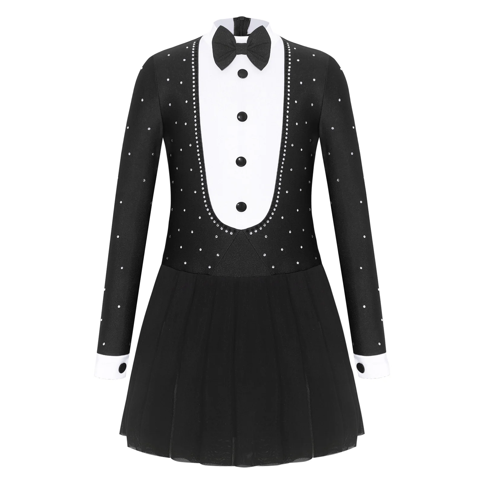 Kids Girl Circus Ringmaster Magician Costume Shiny Rhinestone Bowtie Tutu Leotard Dress for Halloween Carnival Party Performance