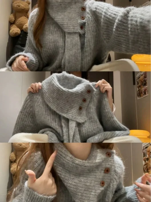 Korean High-End Lazy High Ne Sweater Women's Autumn Winter Overhead Detachable Scarf Outerwear Inner Match Knitted Top