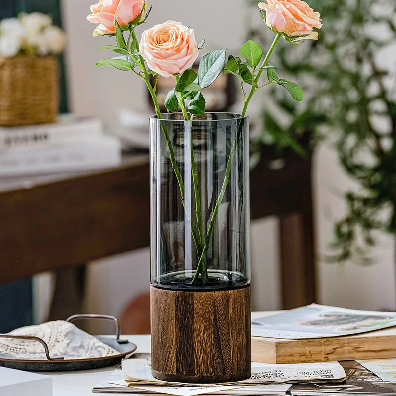 Hydroponic Glass Vase with Wooden Base Minimalist Plant Propagation Station for Desk Home Decor