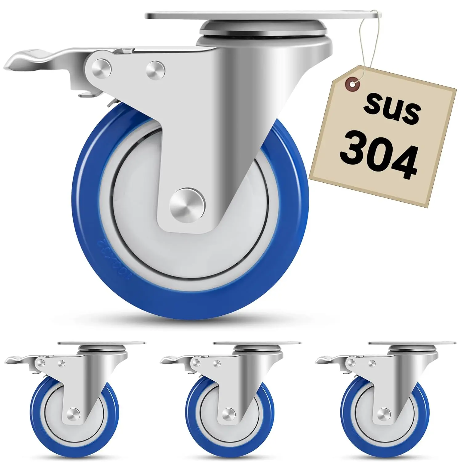 

4 Inch Stainless Steel Caster Wheels with Brake, Heavy Duty Rust-Proof Set of 4 for Furniture and Industrial Use