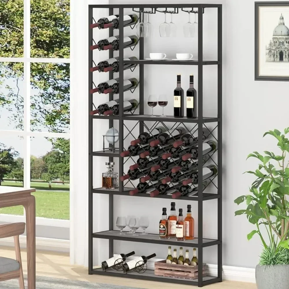 Wine Rack Freestanding Floor Display Cabinet Modern Buffet Cabinet for Home Kitchen Dining Room Wood Metal Stackable Bakers Rack