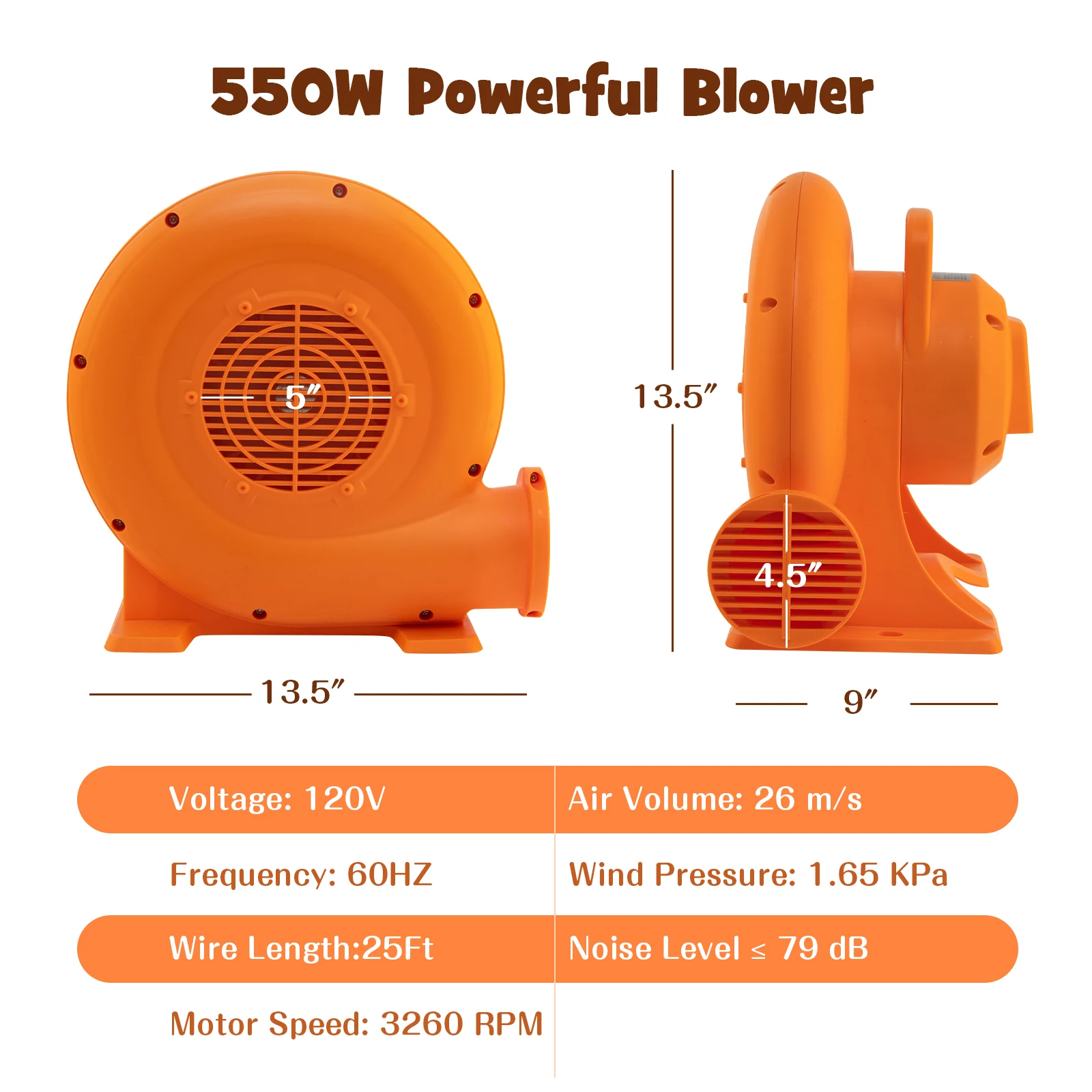 550W 0.7HP Air Blower for Inflatables w/ 25FT Wire &GFCI Plug for Indoor Outdoor