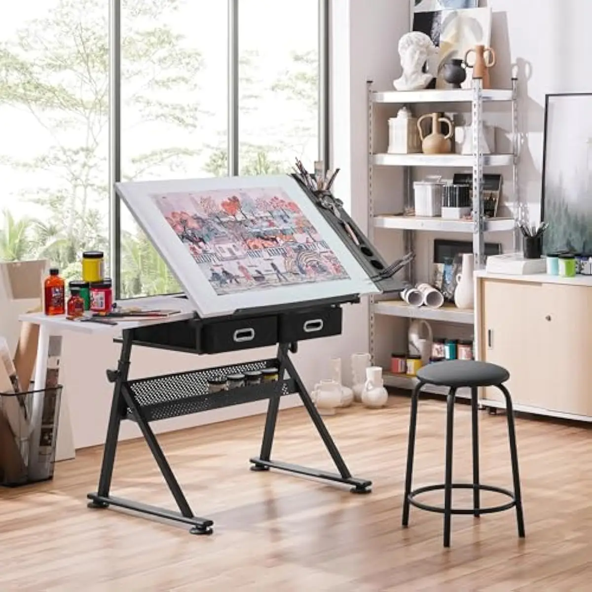 Adjustable Drafting Table Art Desk,Storage Drawers & Stool,White