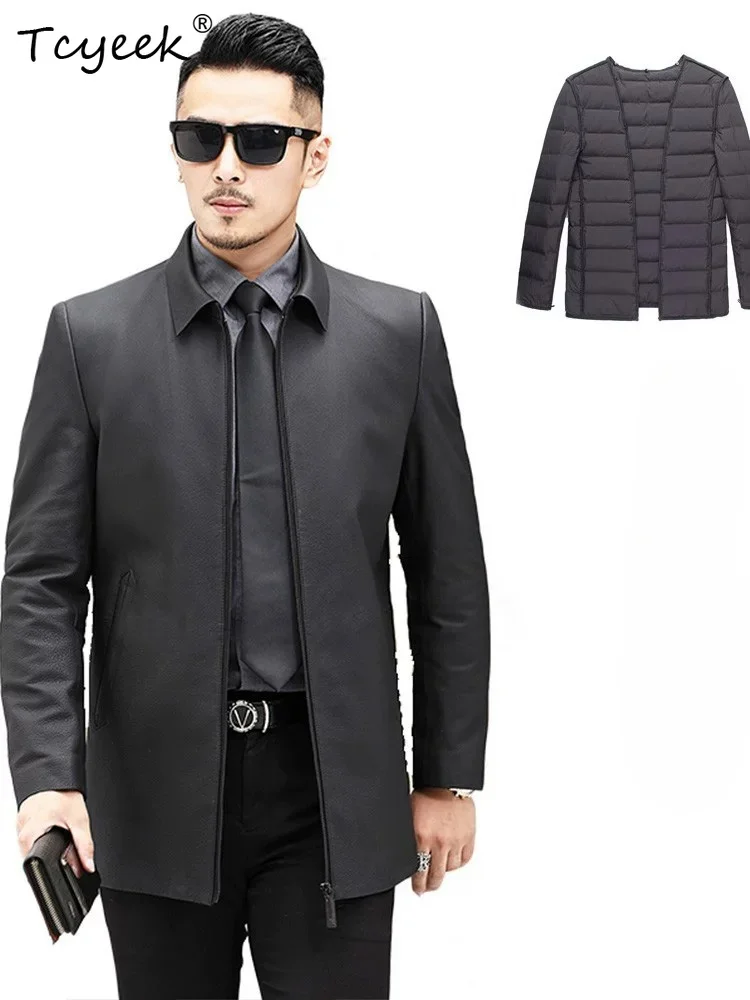 Tcyeek Real Leather Jacket Men Goose Down Liner Detachable Mens Coats Top Layer Cowhide Coat Fashion Autumn Winter Clothes