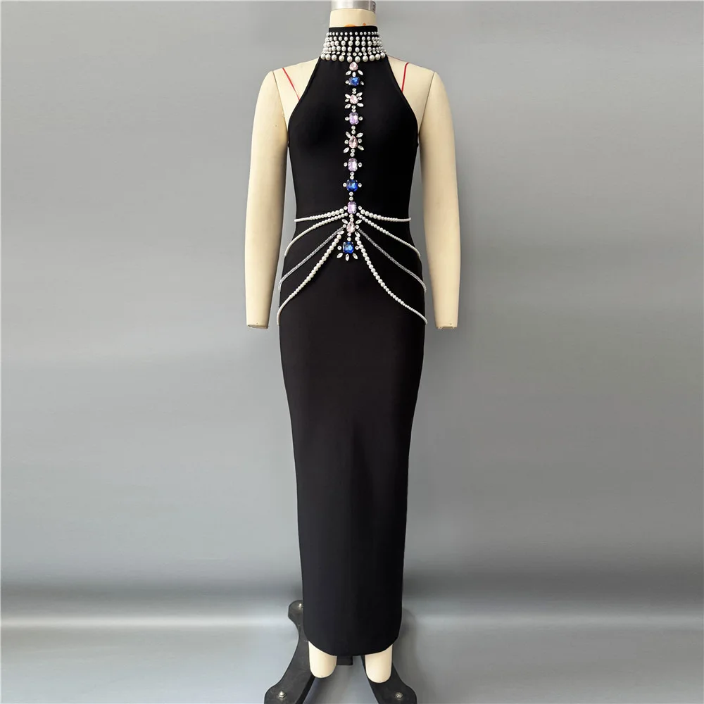 Recién llegado, vestido Sexy de mujer con hombros descubiertos, cadena de cristal brillante, vestido ceñido largo, vestido elegante de fiesta de noche y regreso a casa