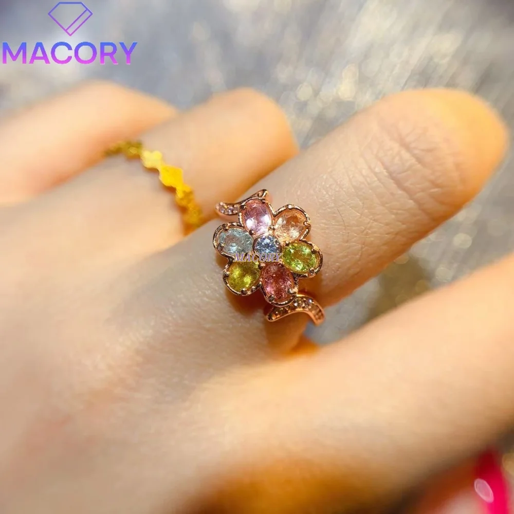 S925 sterling silver natural tourmaline ring with pure color and harmonious hues featuring a delicately crafted floral design