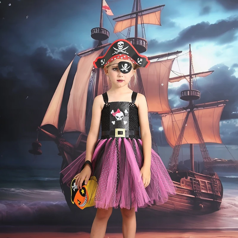 Halloween New Arrival Tutu Dress Cute & Edgy Pirate Dress for Kids Skeleton Mesh Puffy Skirt Girls' Role-Play Princess Dress