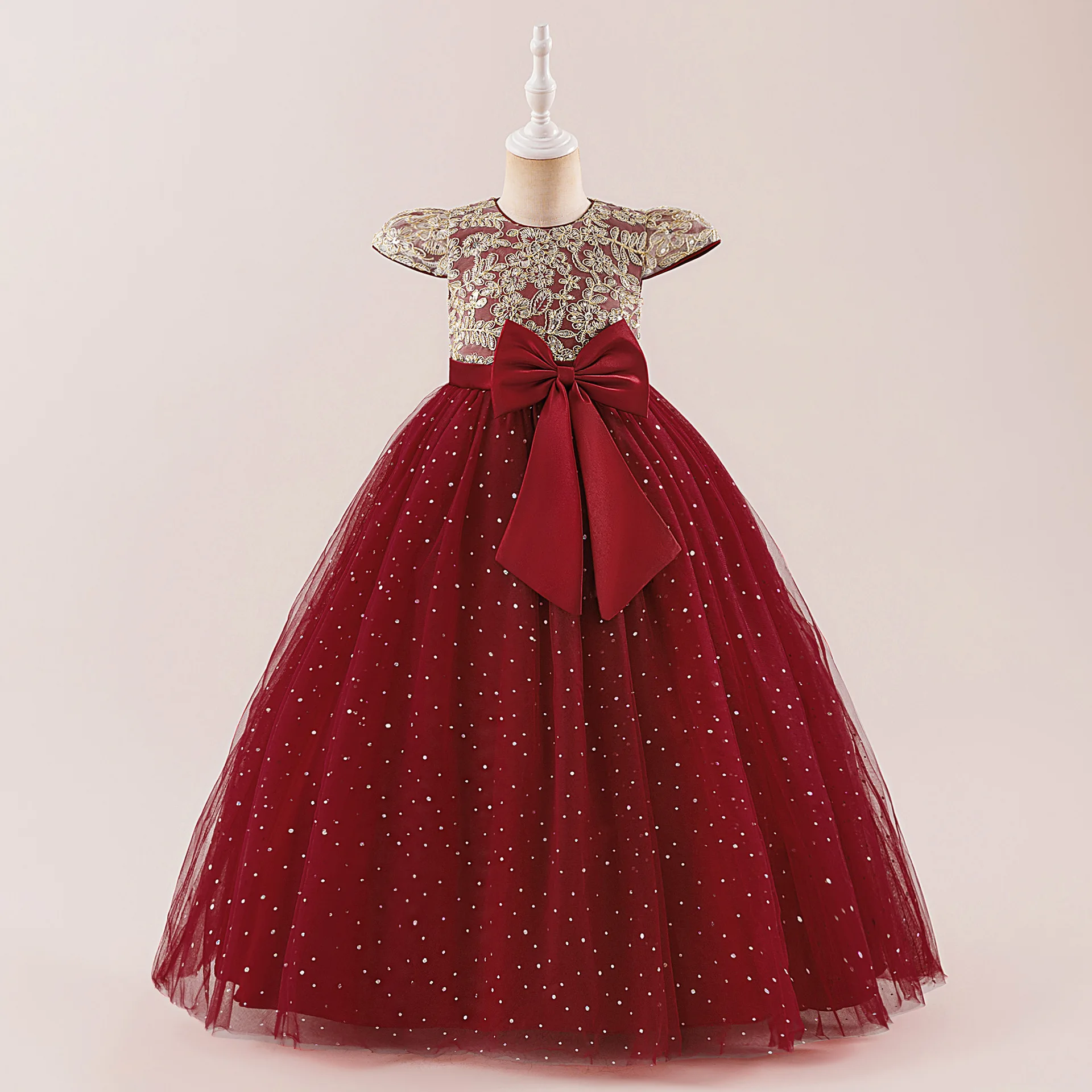 Girls Dress Skirt European and American Bubble Sleeve Sequined Flower Girl Princess Skirt Applique Floor-to-ceiling Dress