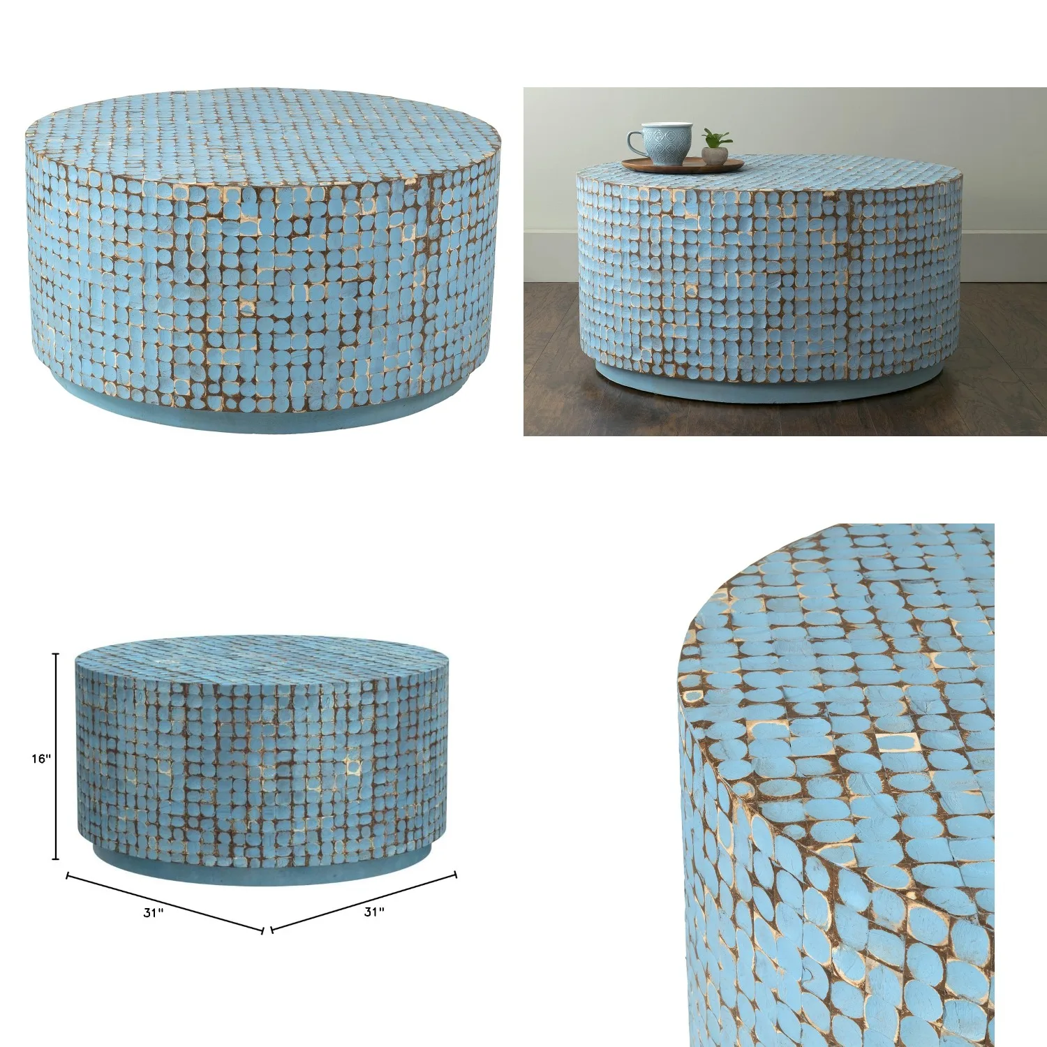 

Round Handmade Coconut Shell Mosaic Coffee Table Blue 31x16in Living Room Furniture Boho Coastal Decor, Customized