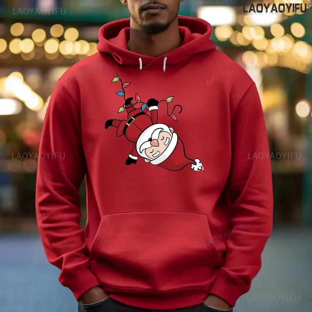 

Santa Hangs Upside Down on A Light Strip Толстовка с капюшоном Merry Christmas с принтом Мужской красный пуловер Женский осенне-зимний мягкий пуловер Y2K